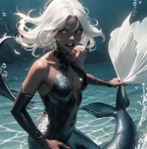 Mermaid, scary with white hair and sharp teeth
